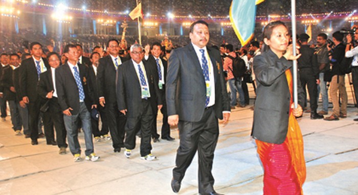 Flag bearer Olympian archery L Bombayla and Chef of de Mission M Prithiviraj leading the Manipur contingent 