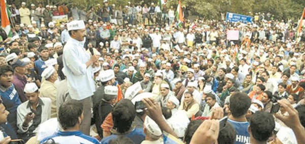Arvind Kejriwal canvassing before the Delhi election  in  February 2015 