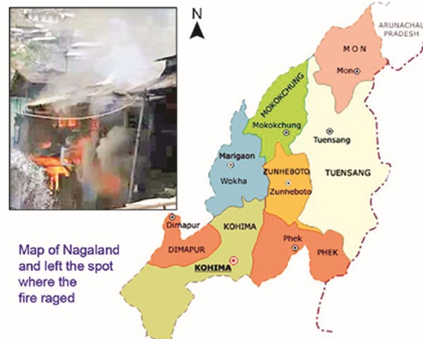 Map of Nagaland and left the spot where the fire raged 