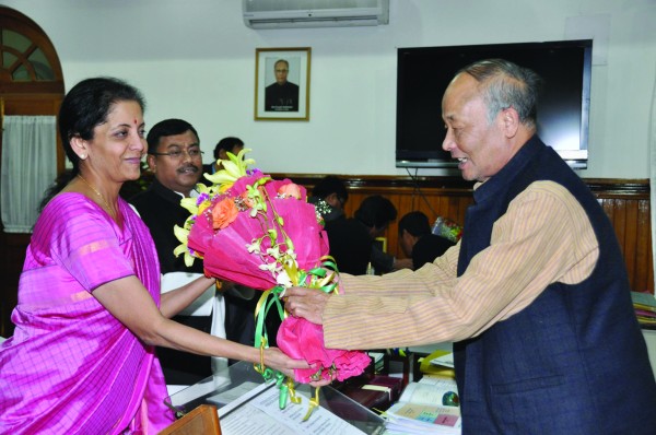 Nirmala Sitharaman being welcomed by Chief Minister O Ibobi
