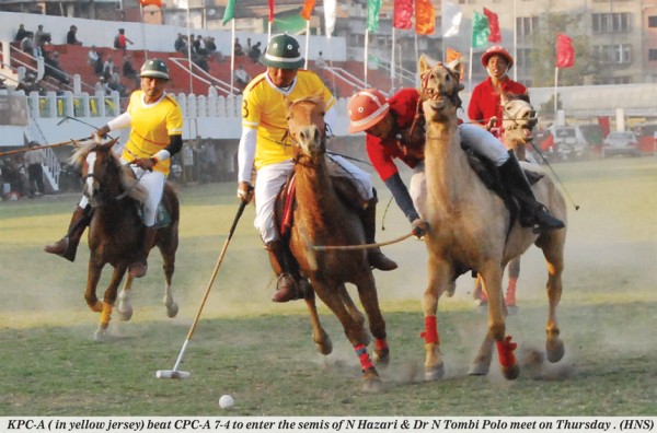 KPC-A ( in yellow jersey) beat CPC-A 7-4 to enter the semis of N Hazari & Dr N Tombi Polo meet on Thursday 