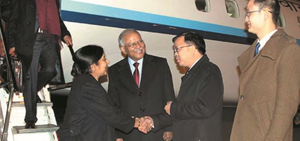 Sushma Swaraj being welcomed at Beijing airport 
