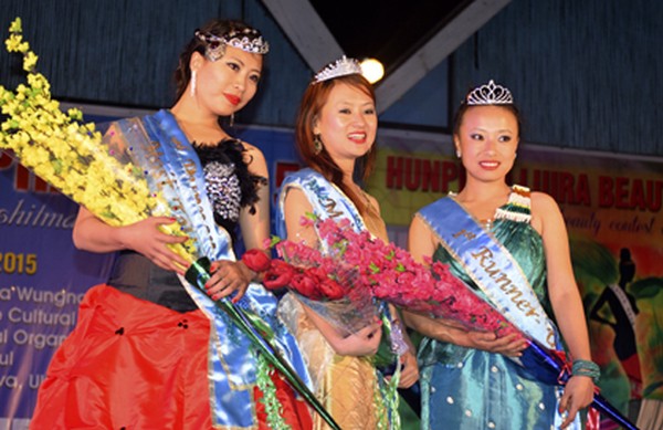 Miss Hunphun Luira Chipemwon Raleng (C) flanked by 1st and 2nd runners up Chingsem and Worleichan 
