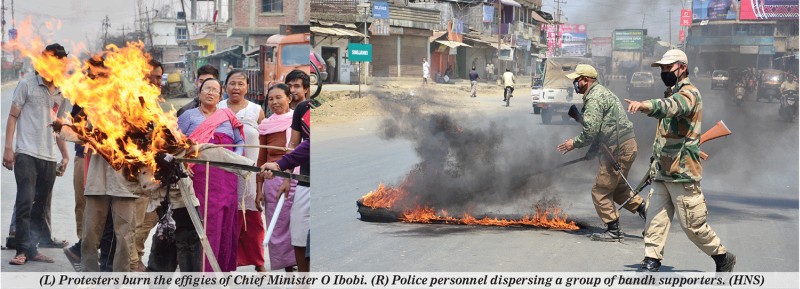 Protesters burn the effigies of Chief Minister O Ibobi ;(R) Police personnel dispersing a group of bandh supporters