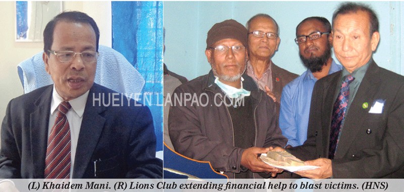 (L) Khaidem Mani  (R) Lions Club extending financial help to blast victims