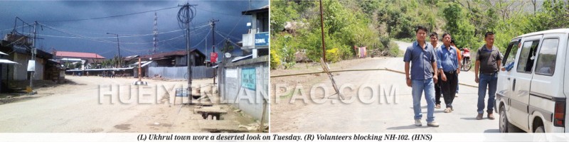 Ukhrul town wore a deserted look on Tuesday.<BR><BR>(R) Volunteers blocking NH-102