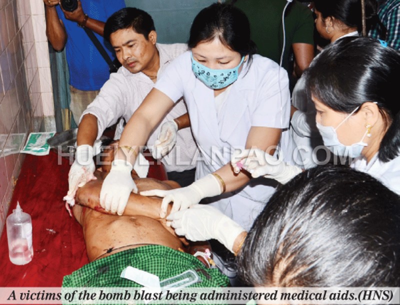 A victims of the bomb blast being administered medical aids