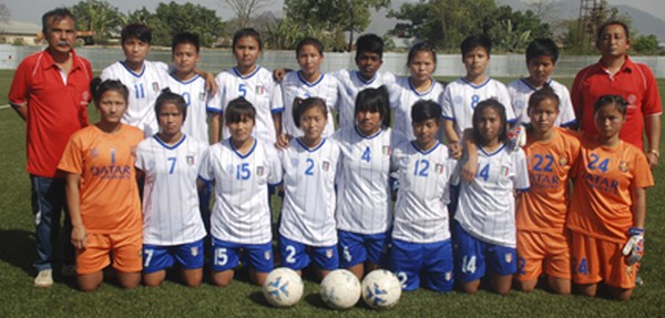 Imphal West District Football Association (IWDFA) team members pose for a photo 