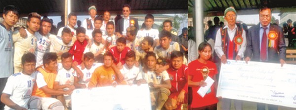 Team champion Sadar Hills pose for a photo (left), Tamenglong SP TK Anal presenting the women's volleyball award to Chandel team