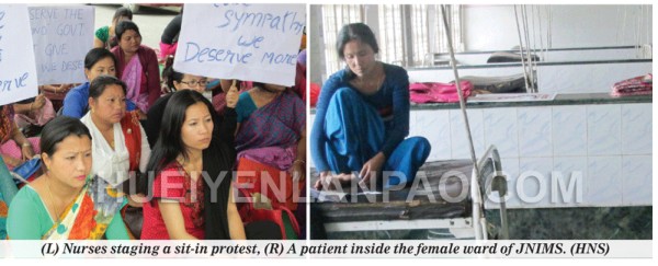 L) Nurses staging a sit-in protest, (R) A patient inside the female ward of JNIMS