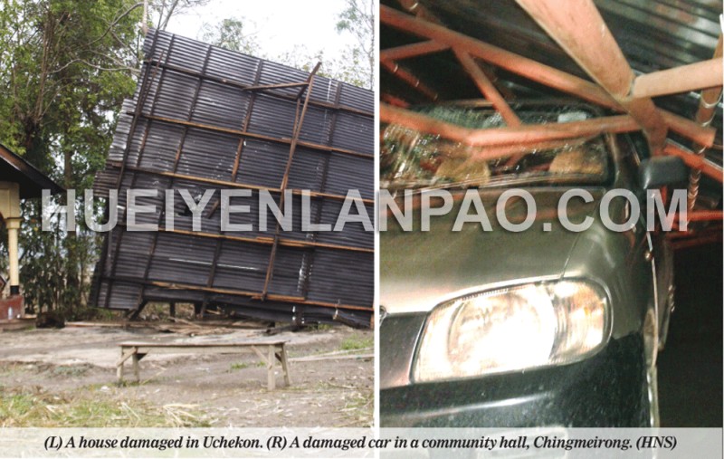 (L) A house damaged in Uchekon ; (R) A damaged car in a community hall, Chingmeirong