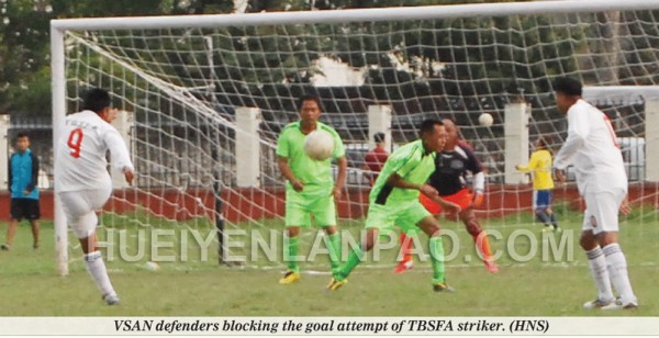 VSAN defenders blocking the goal attempt of TBSFA striker