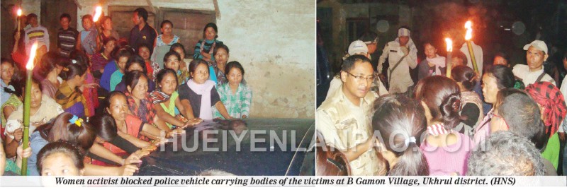 Women activists blocked Police vehicle from carrying bodies of the victims at B Gammon Village, Ukhrul district