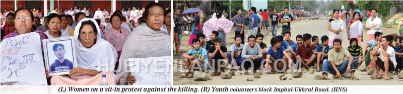 (L) Women on a sit-in protest against the killing.<BR><BR>(R) Youth volunteers block Imphal-Ukhrul Road