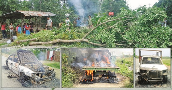 People blocking Imphal-Jiribam highway and (inset) vehicles burnt during the bandh