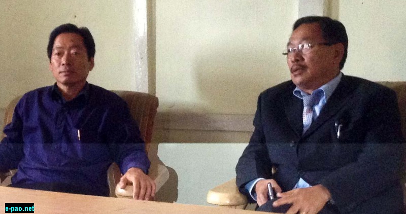 NPCC President K Therie (right) addressing Press Conference at Congress Bhavan, Kohima on May 12, 2015;  NPCC Secretary (Admin) Medokul Sophie also seen here