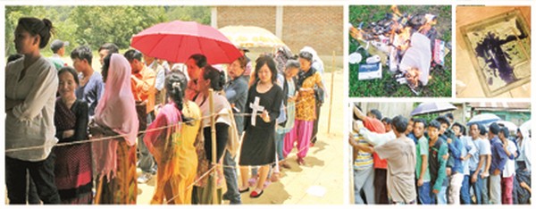 Voters queue up at Ukhrul (L), poll material burnt at Sadar Hills, smeared ballot box at CCpur (Top) and voters at Chandel