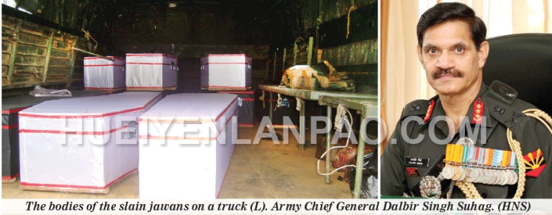 The bodies of the slain jawans on a truck (L).<BR><BR>Army Chief General Dalbir Singh Suhag