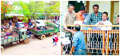 Poll vehicles of CCpur back at the DEO/DC campus and (R) polling officials at Sadar Hills