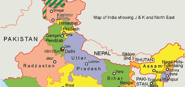 Map of India showing J & K and North East
