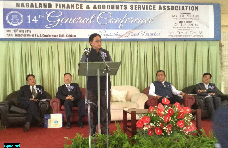 Dr TM Lotha, Adviser, Treasuries & Accounts, Relief and Rehabilitation, speaking at the 14th General Conference of the Nagaland Finance & Accounts Service Association held at Conference Hall of the Directorate of Treasuries & Accounts, Kohima on July 10, 2015