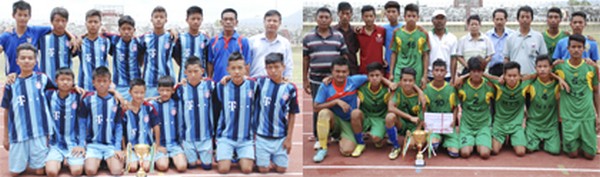 Team members of Bijang Loubok Jr HS, Churachandpur (left) and Little Angel Paradise School, Thoubal pose for a photo