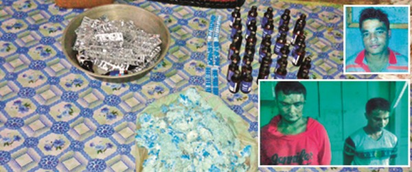 Drugs seized by Thoubal police from Lilong and (inset) the alleged drug smugglers