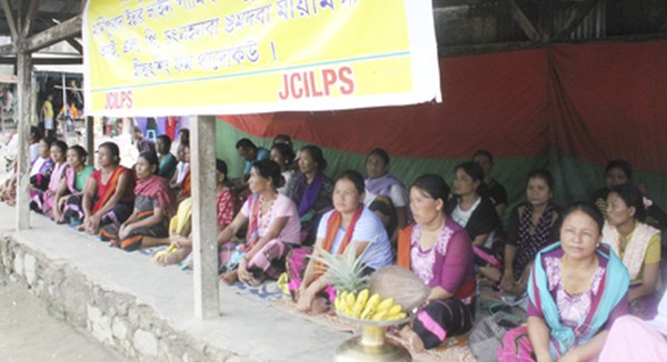 Womenfolk staging sit-in protest demanding ILP in the State at Nambol Keithel