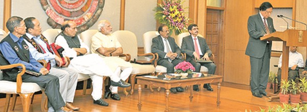 Th Muivah seen with Prime Minister Narendra Modi and others on August 3