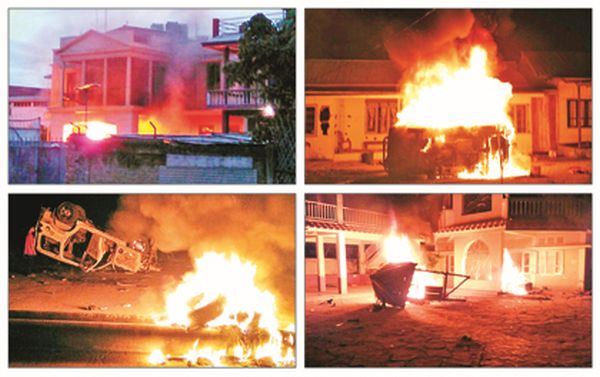 Houses of Minister Phungzathang, MLAs Vungzagin, Ginsuanhau and vehicles set ablaze by a mob (Clockwise from top)