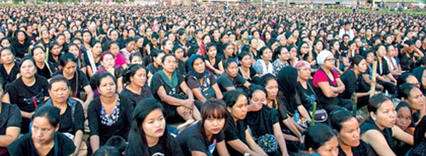 Thousands of women turn up for the meeting at a football ground 