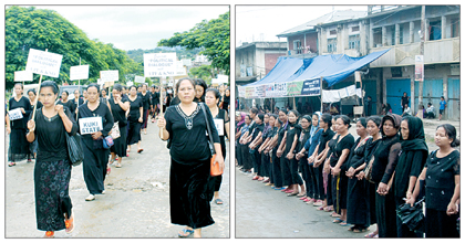 Womenfolk taking out a protest rally at Kangpokpi (L) and human chain formed in Churachandpur 