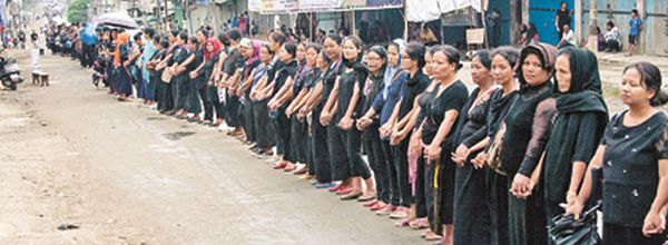 File pic of womenfolk forming a human chain at CCpur town