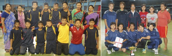 Champions Imphal East (right) and Thoubal (left) pose for the lens