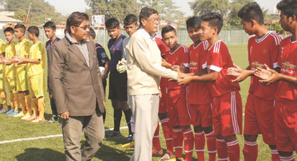 AMFA secretary L Ranjit Roy inspecting the players