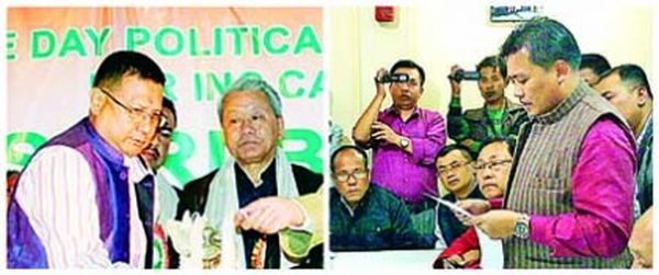 File photos : Bijoy Koijam during a political convention and Bishwajit filing his nomination papers