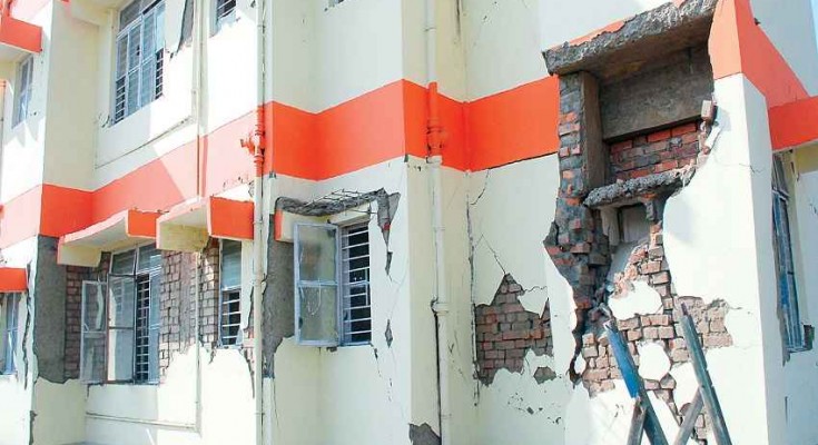 Damaged wall of Coaches quarters of SAI-NERC at Takyel