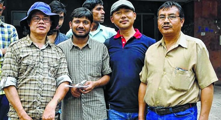 Kanhaiya Kumar (second from left) along with AMWJU members