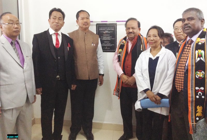 Union Minister for Science & Technology and Earth Science, Dr Harsh Vardhan (4th right) after inaugurating the Paragonimiasis Research Laboratory at NHAK on April 19, 2016 ; Nagaland State Health and Family Welfare Minister, P Longon (3rd left) is also in the picture.