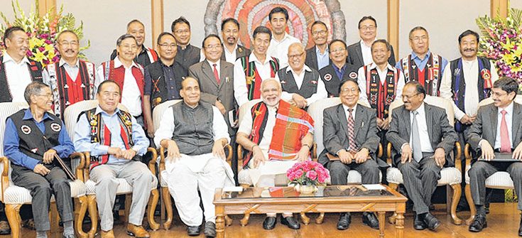 The Prime Minister, Shri Narendra Modi in a group photo at the signing ceremony of historic peace accord between Government of India & NSCN, in New Delhi on August 03, 2015 ; The Union Home Minister, Shri Rajnath Singh is also seen