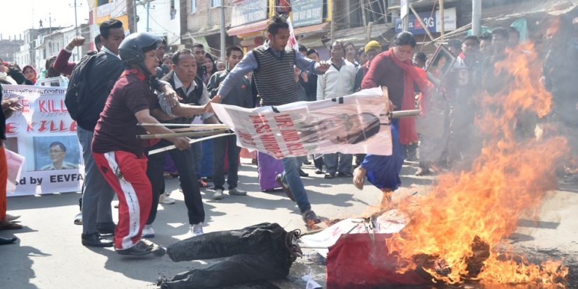 Sit-in-protest and rally stage against fake encounter, effigies of Ibobi, Joykumar and Jhalajit burnt