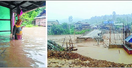 Incessant rain in last 24 hrs : Rivers in spate, bridge swept away, paddy fields, houses flooded