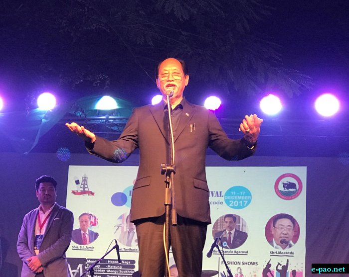 MP (Lok Sabha) speaking at the closing function of the Dimapur Night Carnival on Sunday evening.<BR><BR>Also seen in the picture is Akashe Zhimomi, President, DCCI