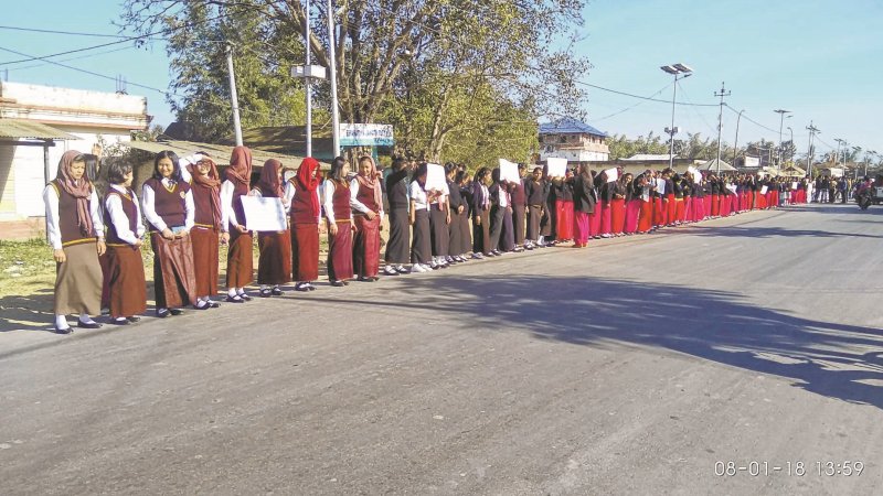 Students form human chain