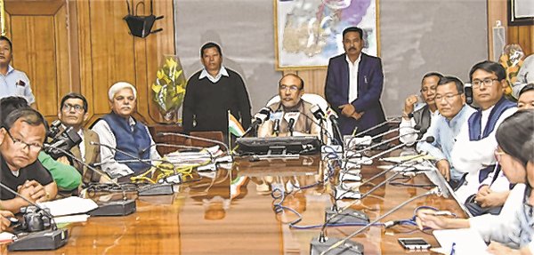 Chief Minister N Biren speaking to media persons at the conference hall of the Chief Minister's Secretariat