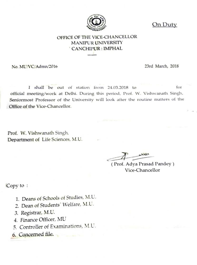 Leave letter Manipur University MU Vice Chancellor