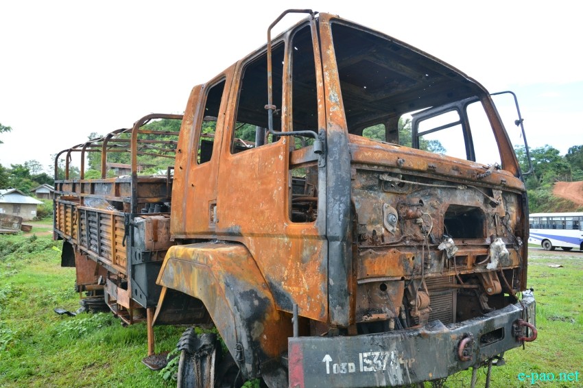 Damaged vehicles : Aftermath of the militants ambush at Paraolon village, Chandel District on June 15 2015
