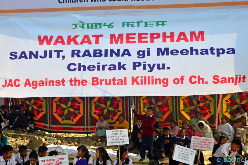 A sit-in-protest by 'JAC against the Brutal Killing of Sanjit' at Khurai Lamlong, Imphal :: February 18 2016