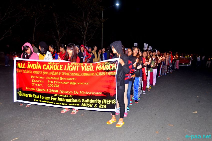 Candle Light Vigil at Manipur University (MU) campus against Police Commandos on fake encounter :: February 07 2016