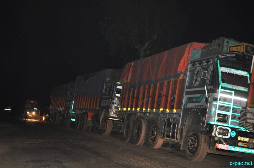 Trucks lined up at Keithelmanbi (Imphal-Jiribam Road) due to Economic Blockade by UNC on 31st Jan 2017